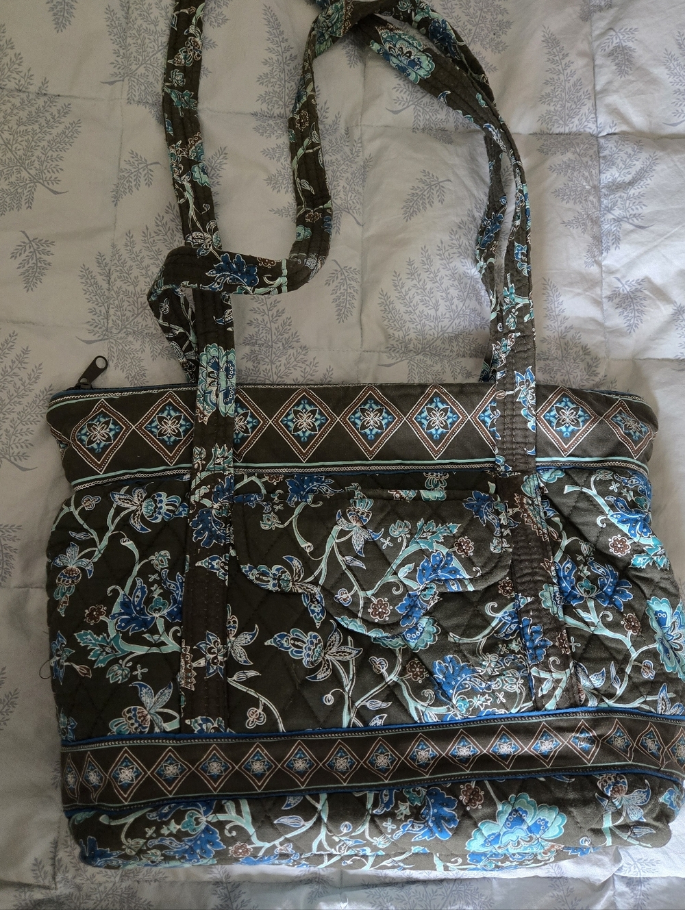 Quilted Floral Tote Bag in Gray And Turquoise By Tanya Lee